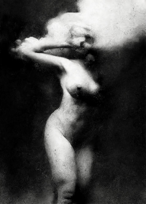 Black and white fine art photograph of a nude female figure in motion, with her face obscured by a large cloud of smoke or mist against a dark background.  Unmoored series.