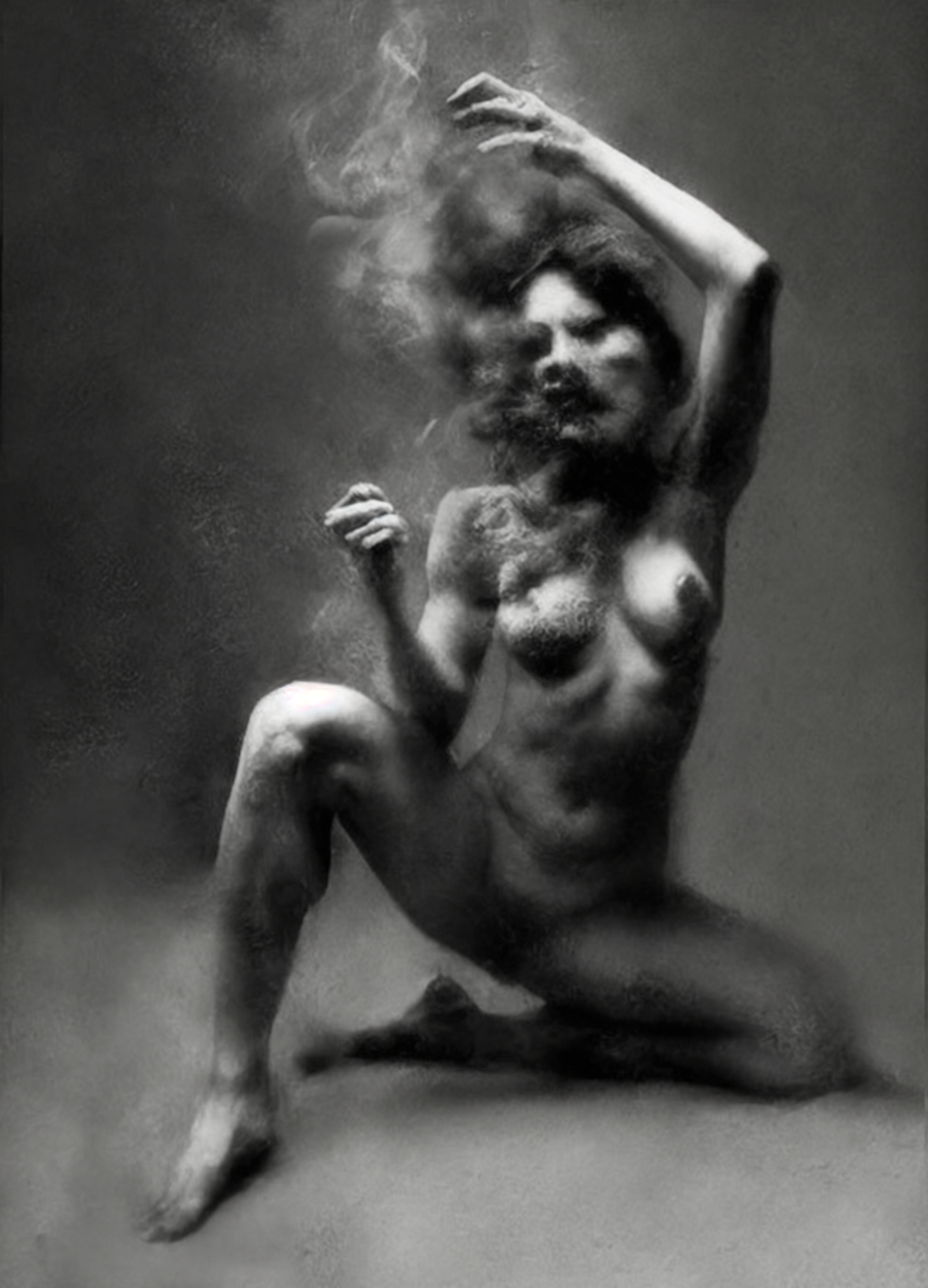 Black and white fine art photograph of a nude female figure in a crouching pose with smoke or powder swirling around her head and upper body, set against a dark studio background. Unmoored series.