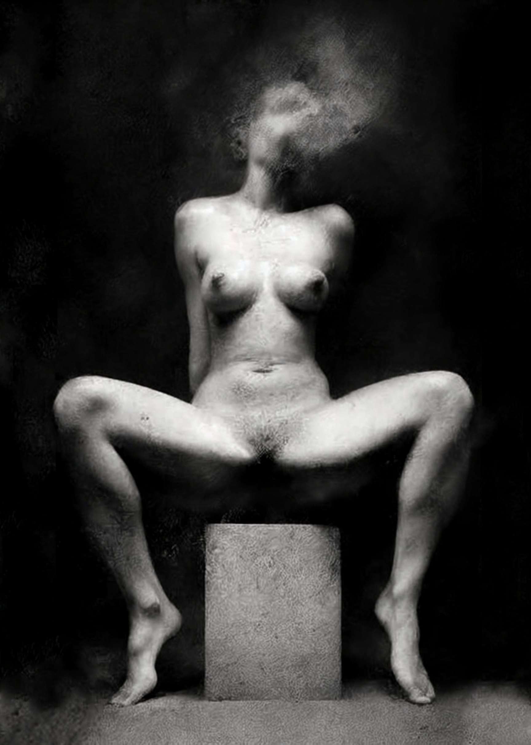 Black and white fine art photograph of a nude female figure seated on a rectangular pedestal against a dark textured background. Unmoored series.
