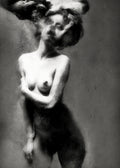 Black and white fine art photograph of a nude female figure with her arms crossed over her chest, her head enveloped in a swirling cloud of smoke, set against a textured gray background. Unmoored series.
