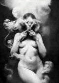 Black and white fine art photograph of a nude female figure surrounded by smoke and abstract forms. Unmoored series.