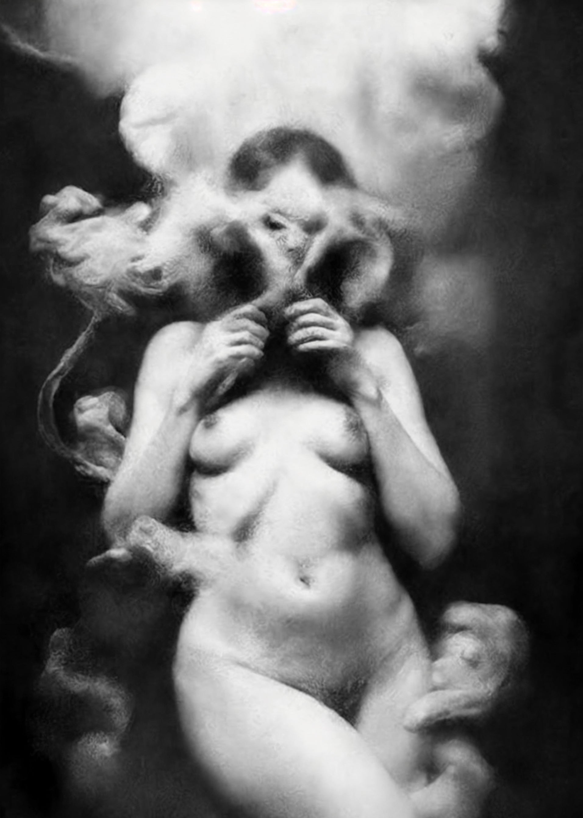 Black and white fine art photograph of a nude female figure surrounded by smoke and abstract forms. Unmoored series.