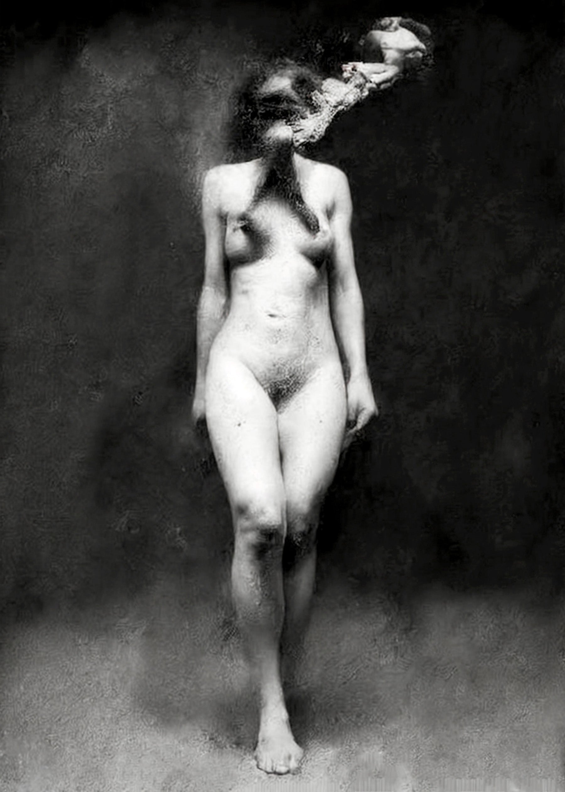 Black and white fine art photograph of a nude female figure standing against a dark textured background, with her head rendered as a surreal melting mass of hair, skin, and abstract forms.  Unmoored series.