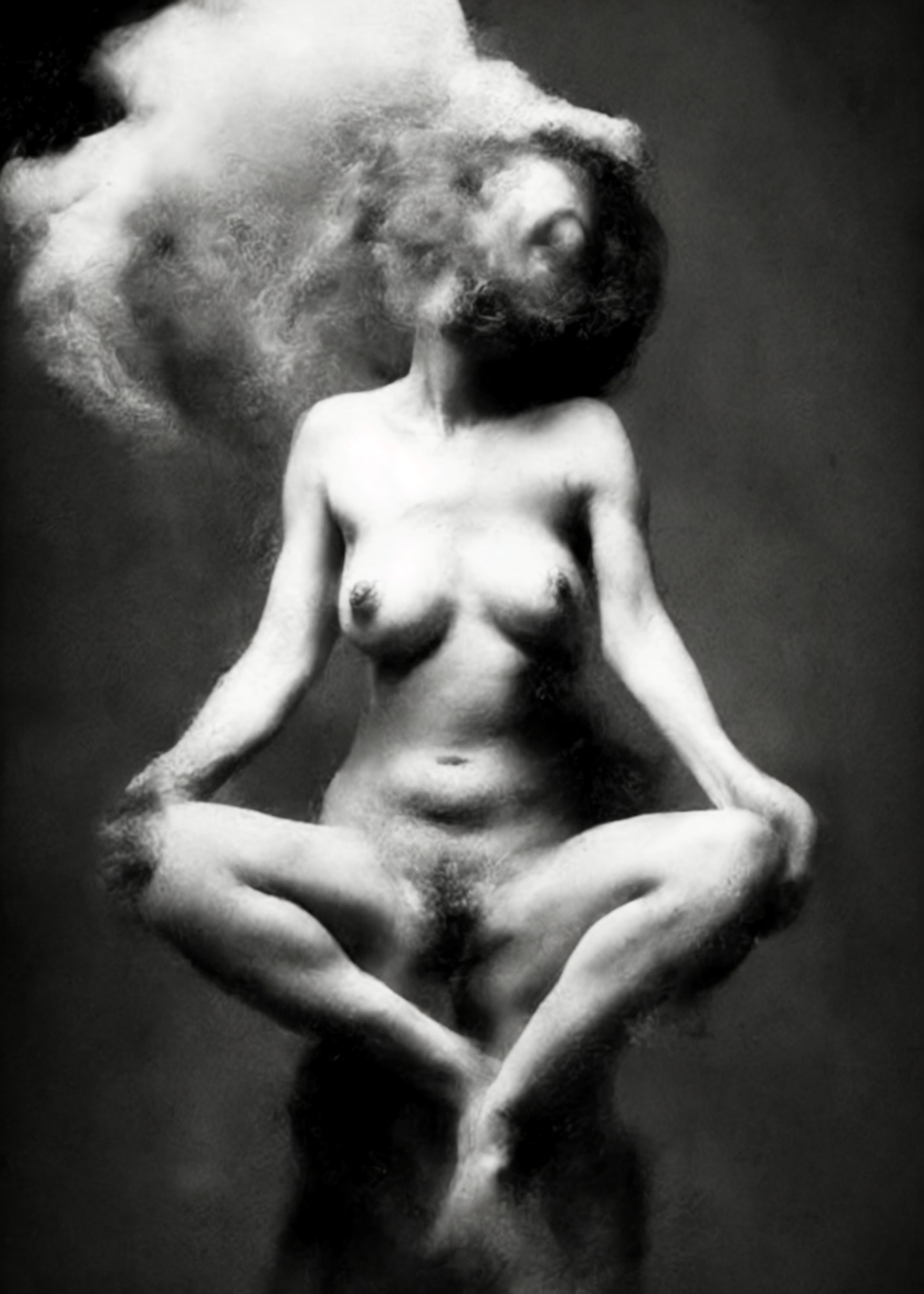 Black and white artistic photograph of a nude female figure in a seated meditative pose with smoke or powder around her head and body, set against a dark studio background.  Unmoored series.
