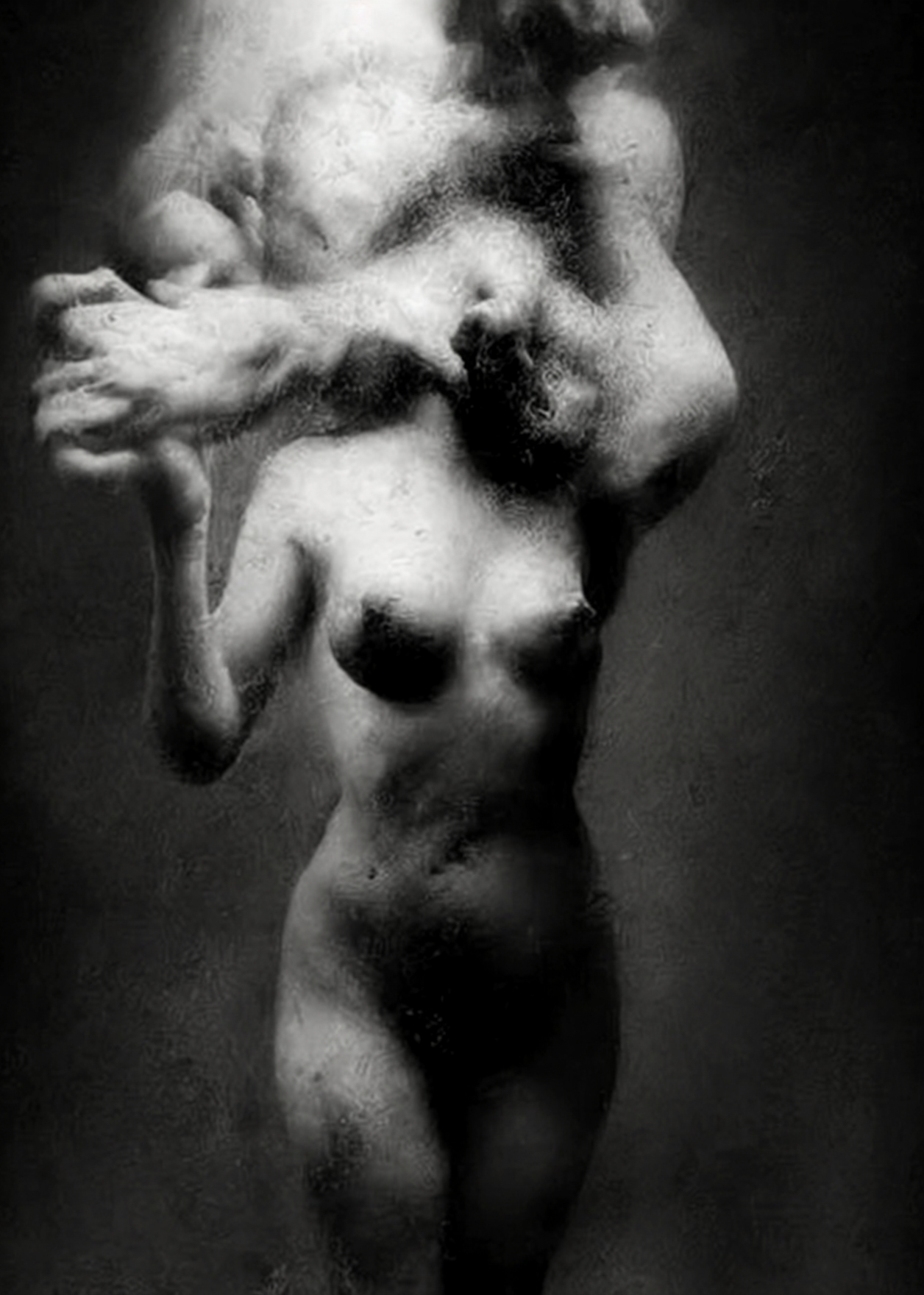 Black and white fine art photograph of a nude female figure with a smoky, ethereal overlay, set against a dark textured studio background. Unmoored series.