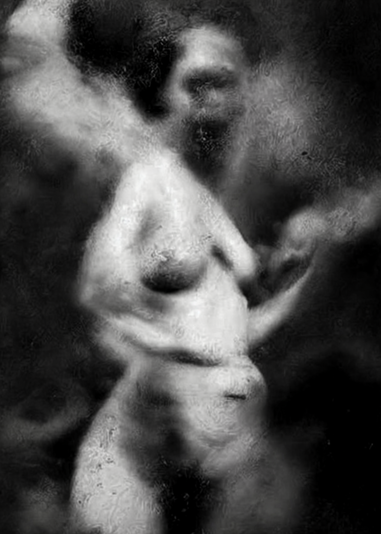 Black and white fine art photograph of a nude female figure with her arms raised, her face and hair dissolving into a cloud of smoke against a light background. Unmoored series.